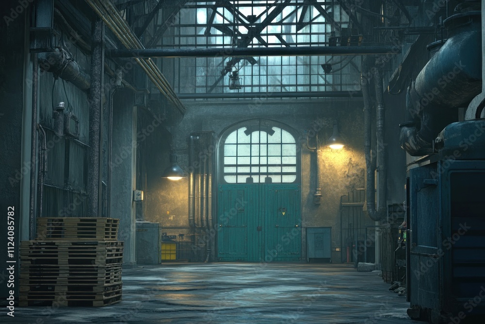 Poster a dimly lit industrial space with large windows and stacked pallets.