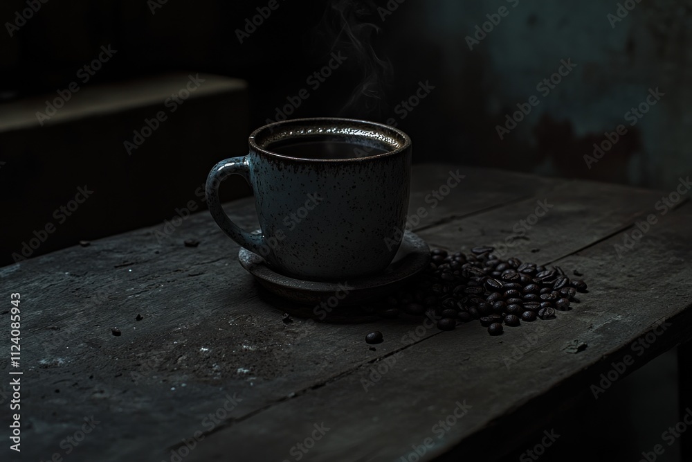 Poster a steaming cup of coffee on a rustic table with scattered coffee beans.