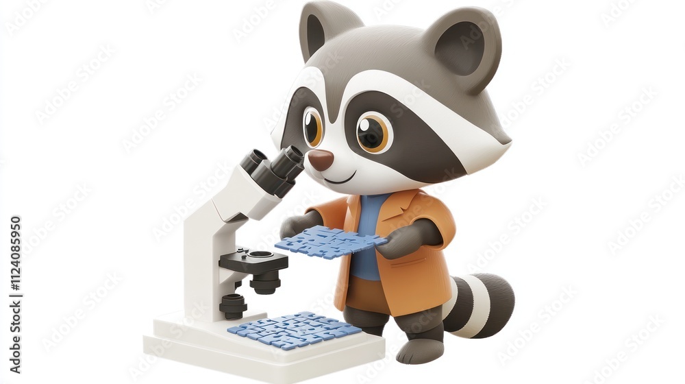 Poster a cute raccoon character examines slides with a microscope, promoting science and curiosity.