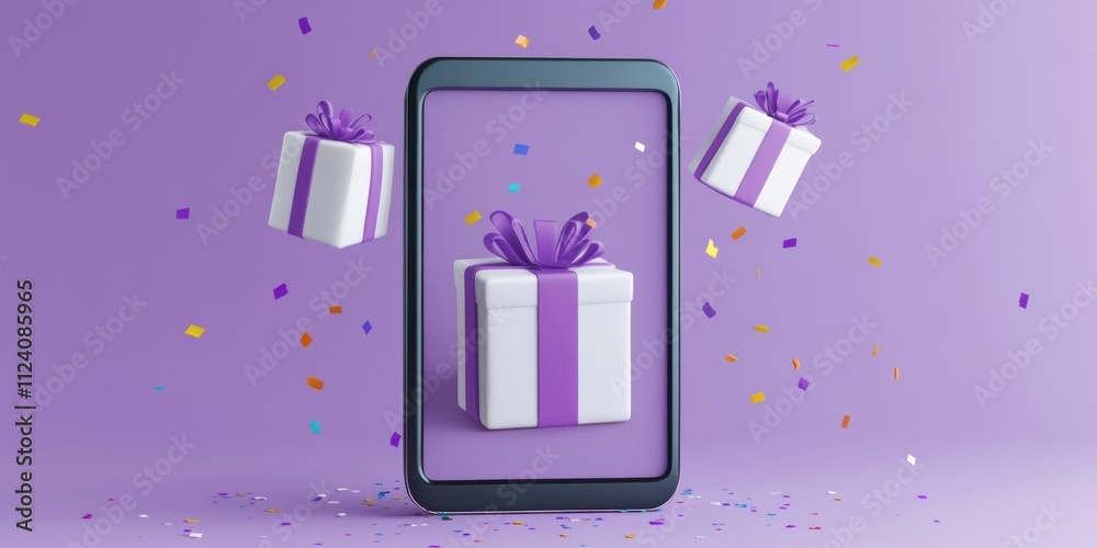 Poster a smartphone displays floating gift boxes with confetti on a purple background.
