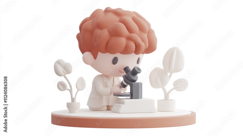 Fototapete a stylized character examining samples with a microscope in a minimalistic setting.