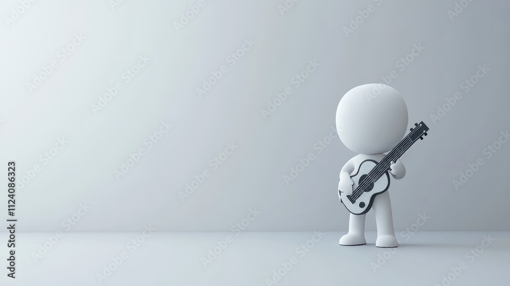 Poster a 3d character holding a guitar in a minimalistic setting.
