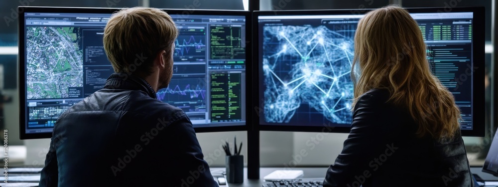 Aufkleber Two individuals analyzing data on dual computer screens in a high-tech environment.