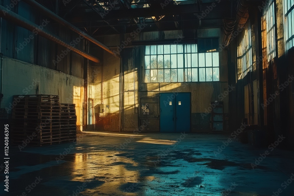 Poster An industrial space with light streaming through windows, creating a reflective atmosphere.