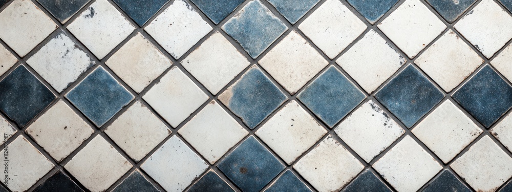 Poster a close-up view of a patterned tile floor featuring blue and white diamond shapes.