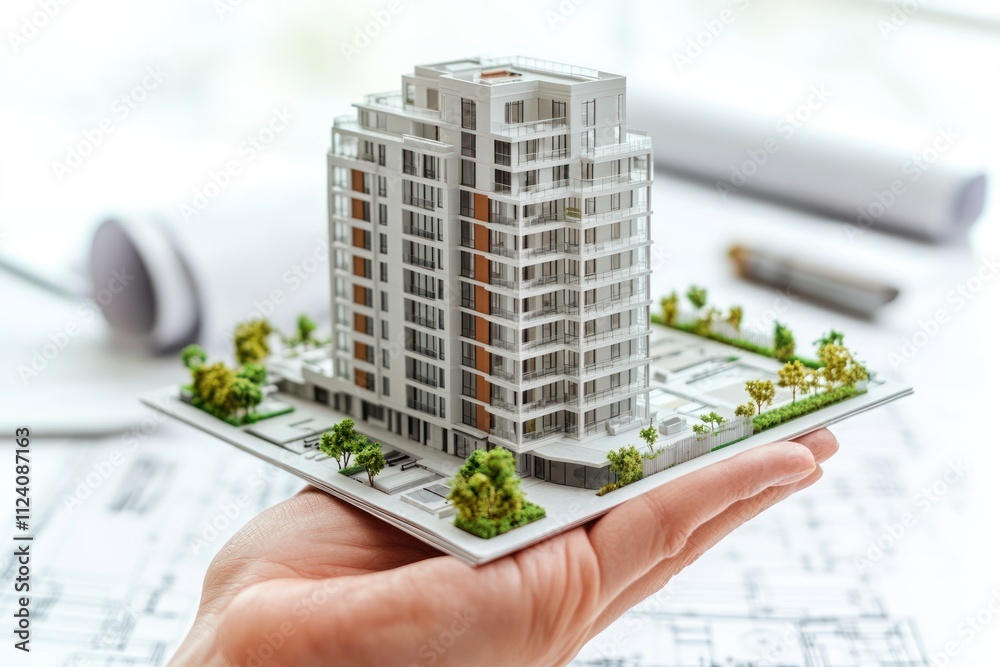 Poster a hand holds a miniature architectural model of a modern building with surrounding greenery.