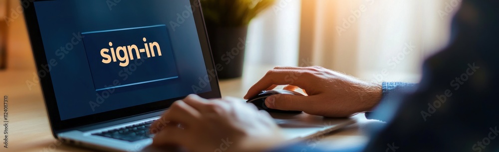 Poster A person using a computer mouse to sign in on a laptop screen.