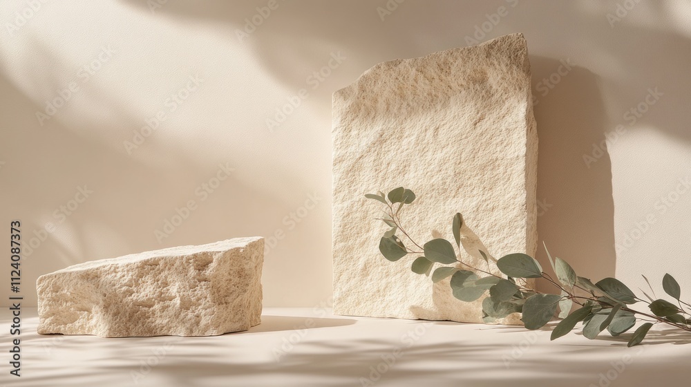 Aufkleber two textured stone pieces with a sprig of greenery against a soft background.