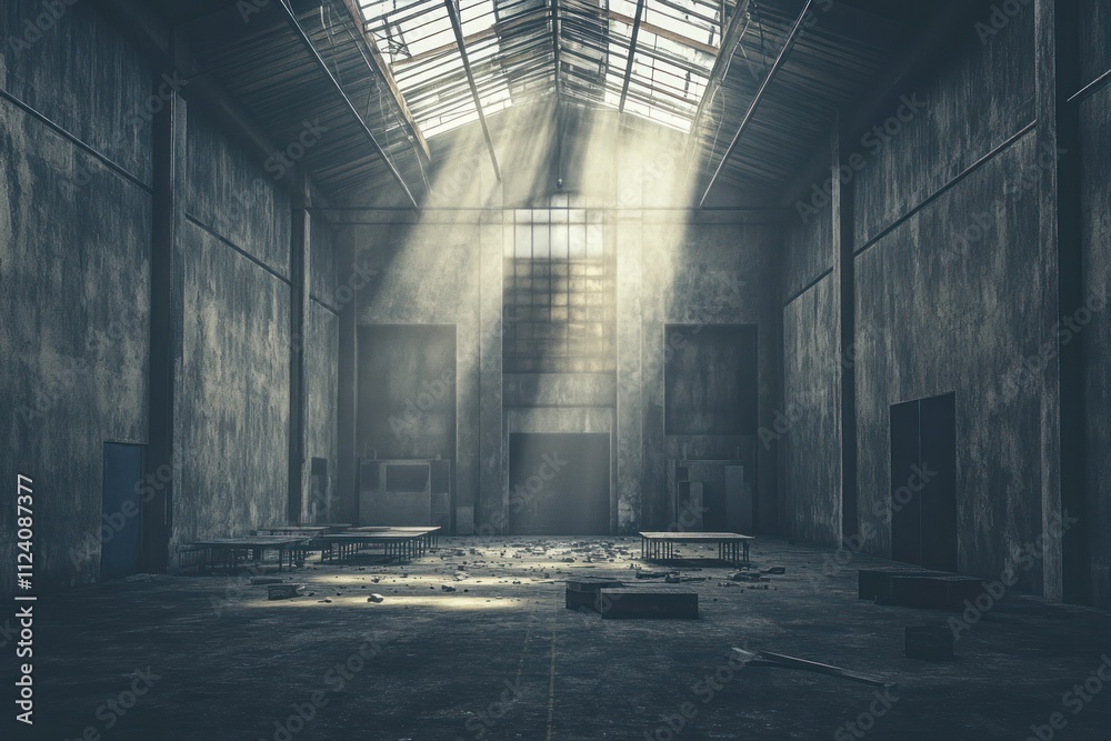 Poster An empty, dimly lit industrial space with beams of light filtering through a skylight.