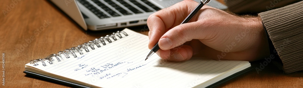 Poster a hand writing notes in a notebook next to a laptop on a wooden surface.