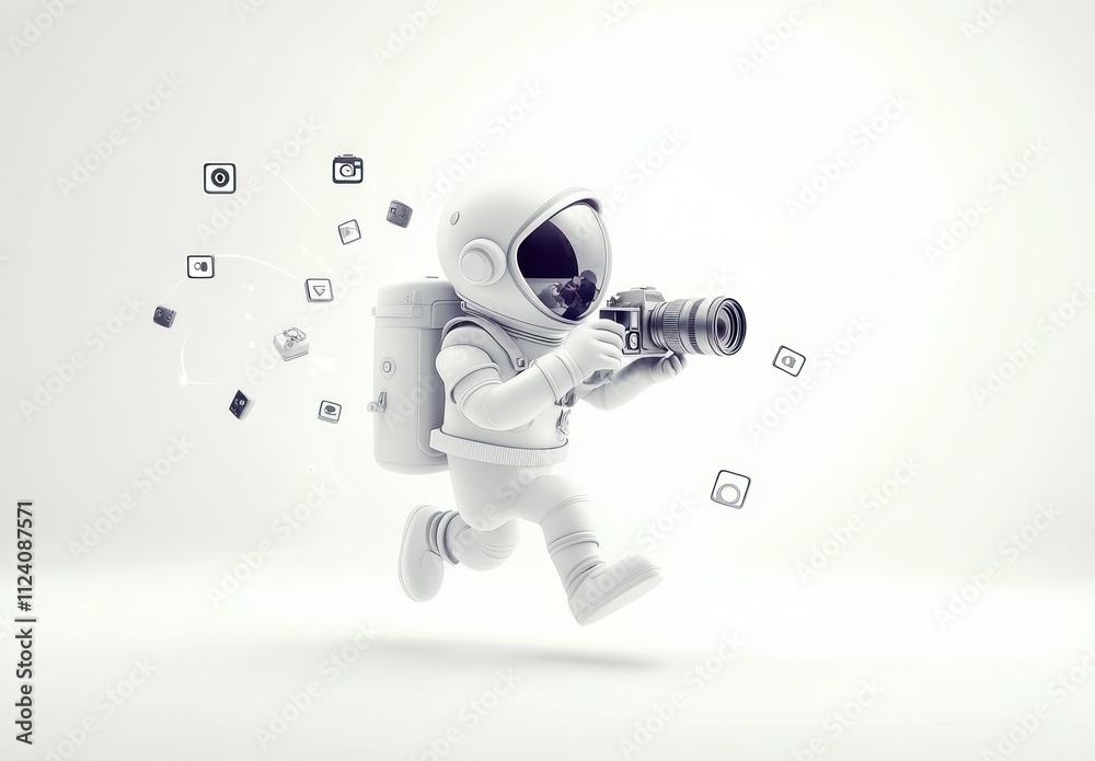 Poster a playful astronaut captures images while surrounded by digital icons.