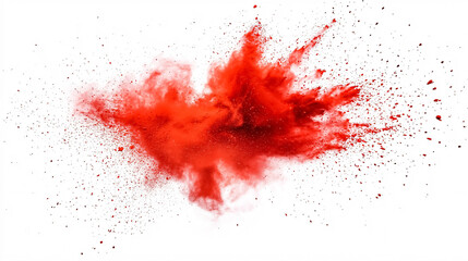 A bright red powder explosion from Holi paint, isolated against a white background for industrial printing.