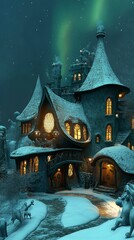 Fototapeta premium Whimsical snow-covered cottage under auroras at night