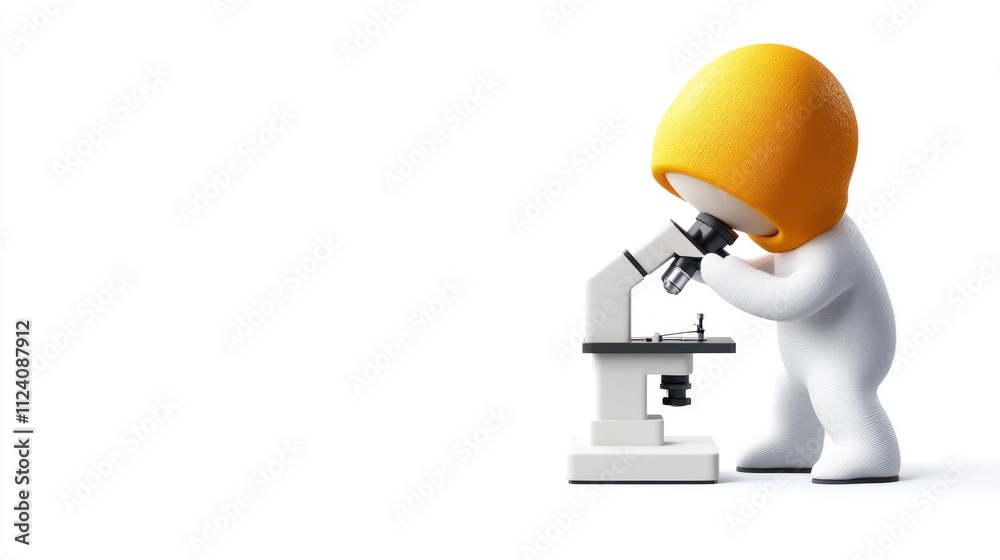 Poster a cartoon character examines a sample under a microscope, emphasizing scientific exploration.