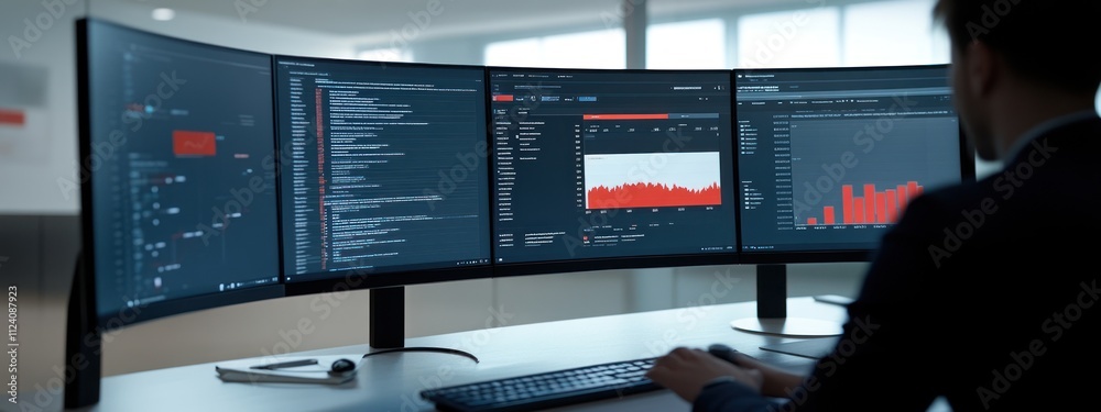 Poster A person analyzing data on multiple screens in a modern office environment.