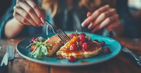 A person enjoying pancakes topped with berries and syrup on a blue plate.