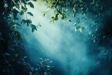 Fototapeta premium Mystical forest scene with sunlit leaves and blue fog. Ideal for fantasy, fairytale, or magical themed projects.
