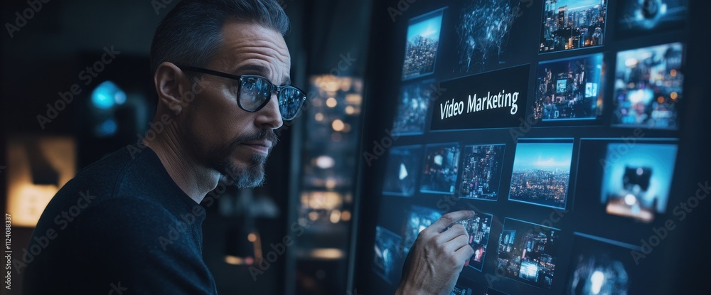 Poster A man analyzing video marketing content on a digital display.