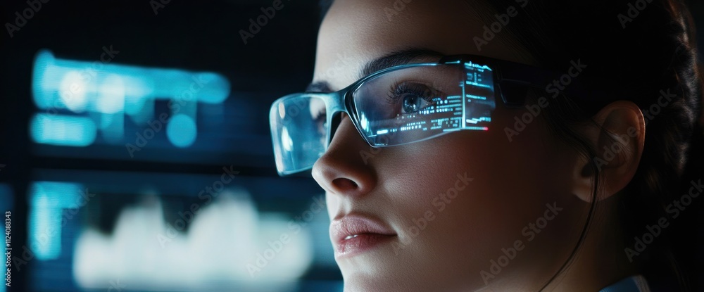 Poster a focused individual wearing smart glasses, analyzing data on a digital interface.