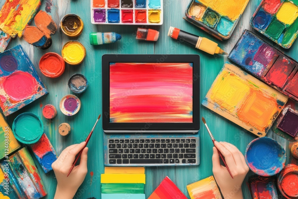 Poster A creative workspace with art supplies and a digital device displaying a colorful canvas.