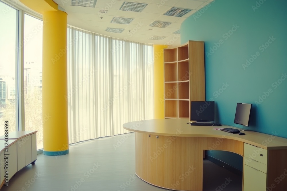 Poster A modern office space with a curved desk and large windows.