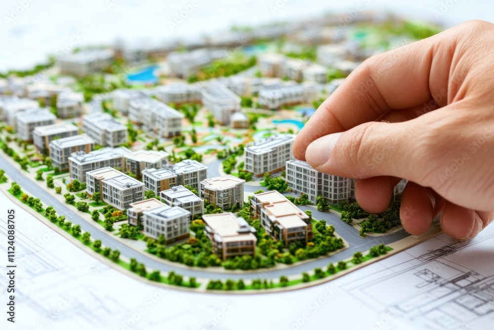 Poster a hand interacts with a detailed architectural model of a residential development.