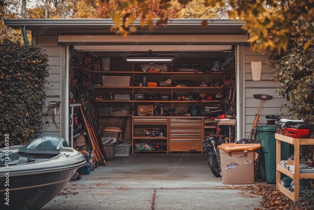 Aufkleber a cluttered garage filled with various tools and storage items.