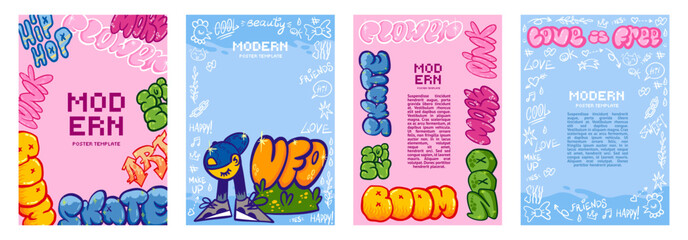 Naklejka premium Street art poster. Urban wall paint drawing. Abstract hip hop graffiti. Underground pattern. Splash spray texture. Marker graphic. Doodle aerosol lettering. Vector rap backgrounds set