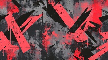 Naklejka premium Abstract seamless grunge pattern featuring vibrant neon lines, dynamic geometric shapes, and energetic brush strokes creating a colorful graffiti-inspired vector background in bold red, black