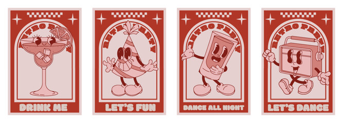 Retro posters. Vintage vinyl music. Cartoon emoji characters. Disco ball. Cocktail drink for 90s dance groovy party. Walking happy mascot. Musical recorder. Vector discotheque flyers set