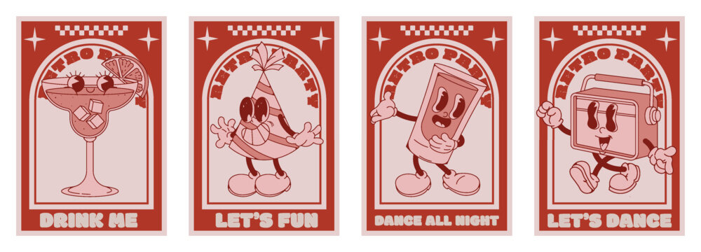 Retro posters. Vintage vinyl music. Cartoon emoji characters. Disco ball. Cocktail drink for 90s dance groovy party. Walking happy mascot. Musical recorder. Vector discotheque flyers set