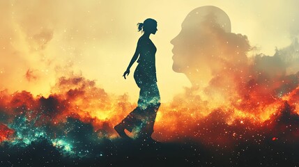 Woman Walks Towards Cosmic Head Silhouette In Nebula