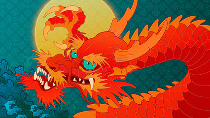 Asian traditional dragon color illustration, Asian traditional standard dragon in Chinese, Japanese and Korean styles