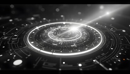 A circular display with glowing lights surrounded by holographic elements