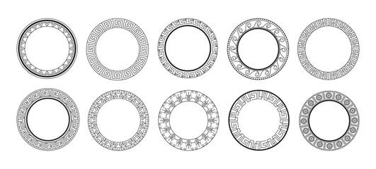Roman border. Ancient Rome frame. Round Greek pattern. Grecian circular texture. Classic tattoo. Antique ornament. Mediterranean repeated ring motif. Vector decorative lines circles set