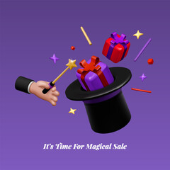3D magic hat. Magician sparkle. Magical sale. Mystery presents. Discount gifts. Render circus surprise. Illusionist show. Conjuror hand holding wand and cap. Vector shopping offer banner