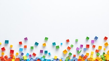 Colorful plastic blocks scattered on a white background, suggesting playfulness and creativity.