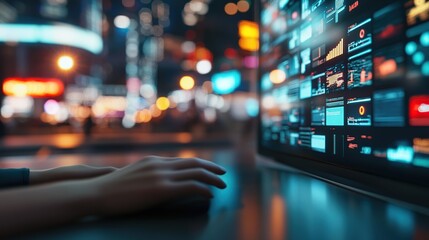 A hand near a computer screen displaying various data and graphics in a city setting.