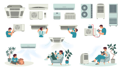 Air condition. Home room ventilation. Fan machine installation and repair. Building system clean and control. Fix ventilator. People relaxing under house cooler. Vector concepts set