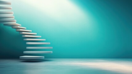 A minimalistic staircase ascending in a softly lit, turquoise environment.