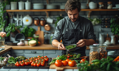 Obraz premium Chef Adding Herbs to Tomatoes