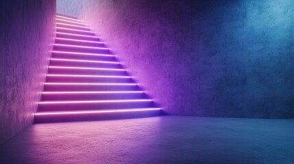 Fototapeta premium A modern staircase illuminated with vibrant neon lights in a minimalist setting.