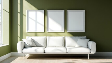 Fototapeta premium Modern Living Room with White Sofa and Empty Frames