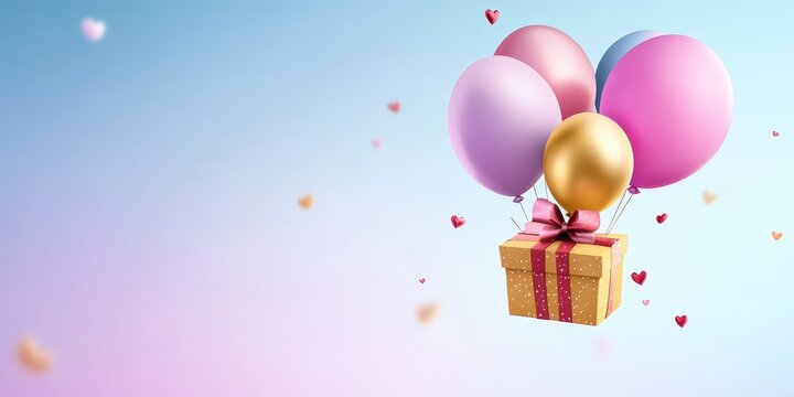 Colorful Balloons and Gift Box with Hearts for Celebration Occasion