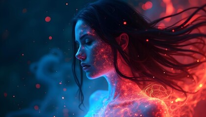 A female humanoid character with glowing skin, flowing black long hair, and red energy emanating from the body, with a dark background of rotating red and blue energy