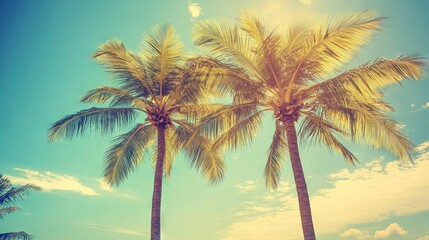 Vibrant tropical palm trees silhouetted against a warm, vintage-inspired sky, evoking a relaxed beach vacation atmosphere and timeless coastal vibes






