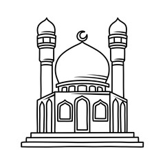 Grand Mosque with minaret and dome with crescent moon on top. Thin line illustration