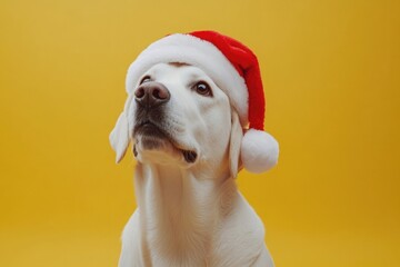 A white Labrador retriever wearing a Santa hat, isolated on a yellow background