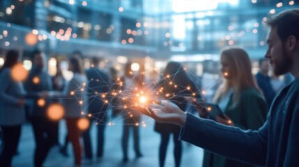 A person holds a glowing digital network in a busy, modern environment.