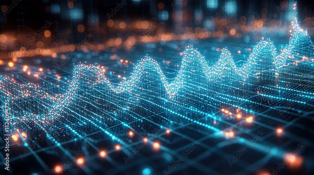Poster vibrant data visualization with sparkling dots and lines representing data trends and analytics in t
